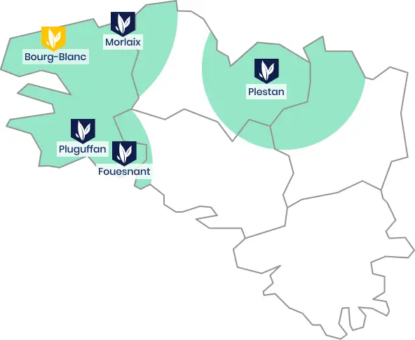 Carte de la zone d'intervention du service d'entretien et de création de jardin dans le Finistère et les Côtes d'Armor